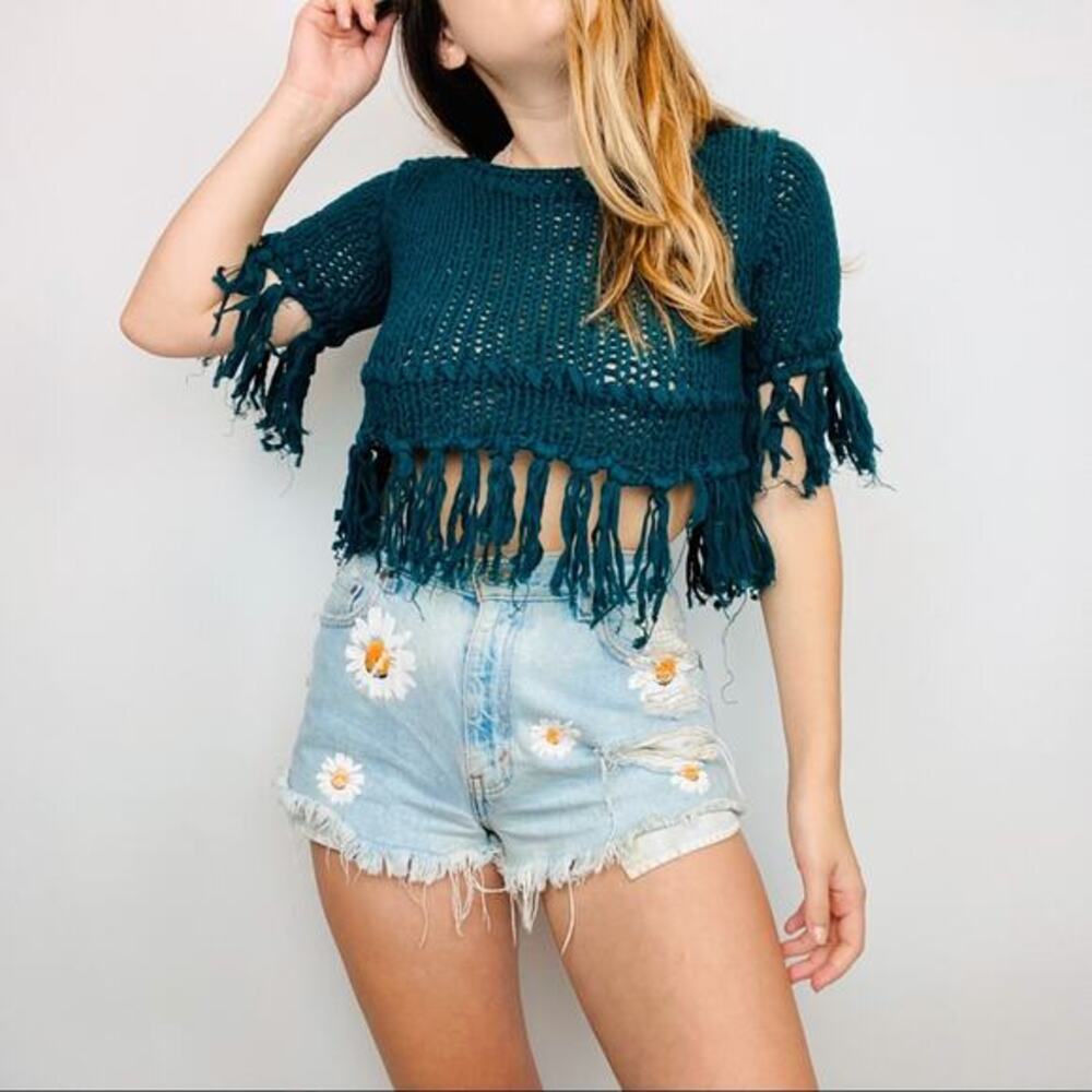 Free people chunky teal‎ knit fringe crop top sweater